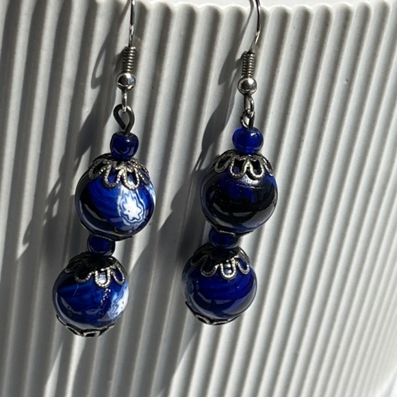 Hand made artisnal earrings with blue glass beads. - Picture 9 of 9